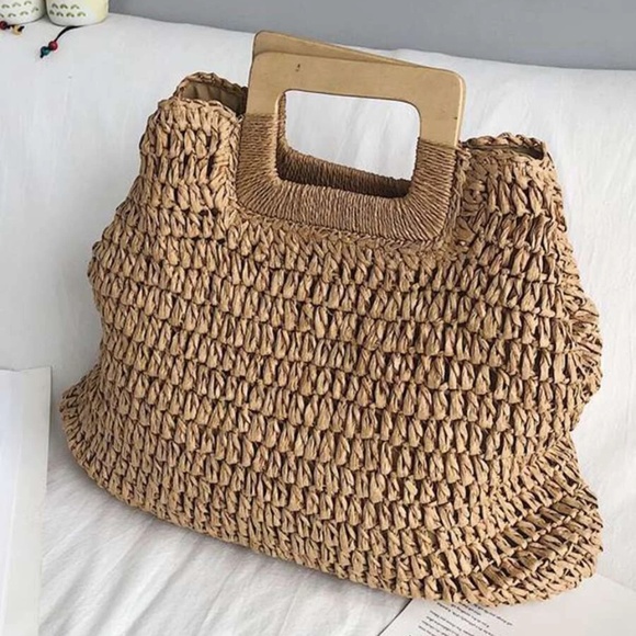 Boho Straw Large Tote top Handle Bag - Picture 3 of 6